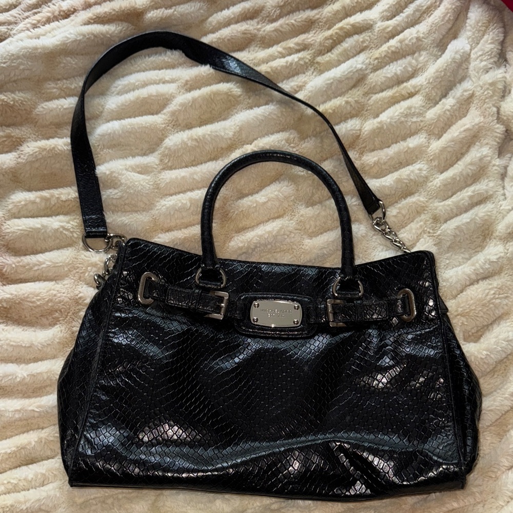 Michael Kors Black Leather Snake Embossed East West Hamilton Satchel Bag